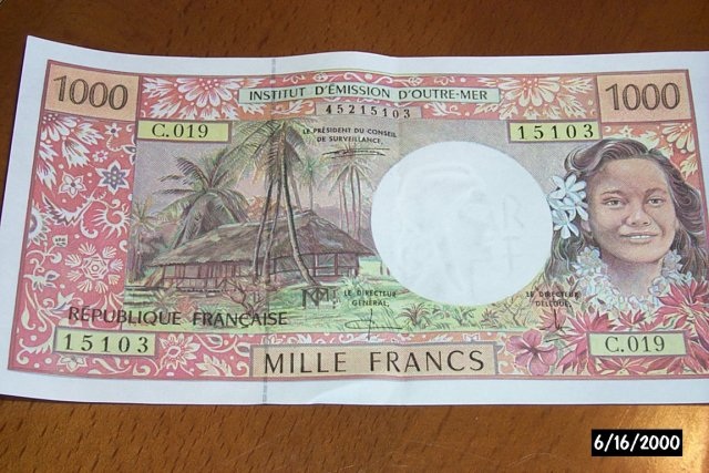 1000 Pacific French Francs (about $8.15)